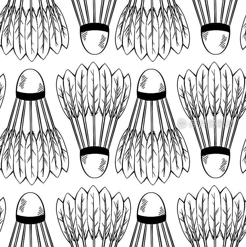 Seamless pattern with a sketch of shuttlecocks for playing badminton in a row on white background. Sports equipment. Vector black and white texture